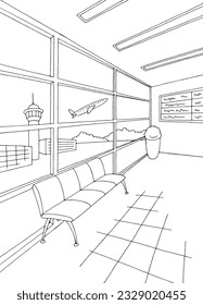 Airport interior graphic black white sketch vertical illustration vector 