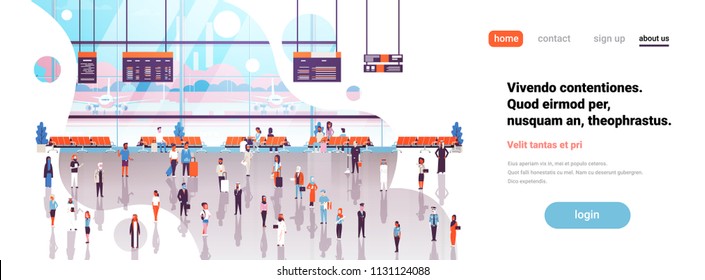 Airport Interior Passengers Baggage Walking Waiting Hall Departure Boards Lounge Terminal Flat Copy Space Banner Vector Illustration