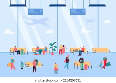 Airport interior with passengers waiting for flight. Characters sitting on seats inside airport, planes flying outside window flat vector illustration. Traveling, tourism, transport concept for banner