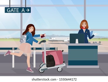 Airport Interior And Running Girl With Suitcase. Girl Attendant Behind The Check-in Counter, Last Call Boarding Concept. Vector Illustration.