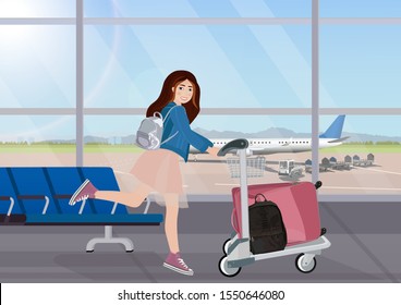 Airport interior and running girl with suitcase. Vector illustration.