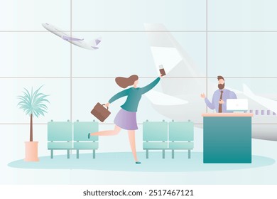 Interior del aeropuerto y chica corriendo con maleta, asistente de vuelo masculino detrás del mostrador de facturación, concepto de abordaje de última llamada, despegue del avión, Ilustración vectorial de estilo de moda