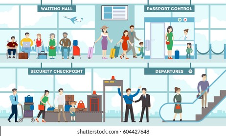 Airport Interior Set. Waiting Room And Passport Control, Security Checkpoint And Departures.