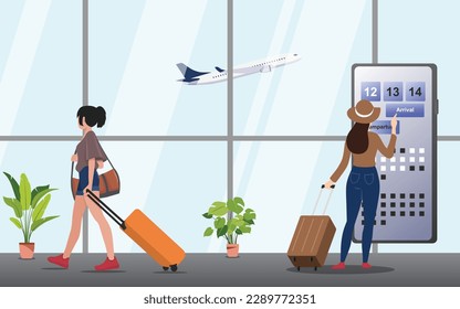 Airport interior view. walking girl with her luggage. women booking ticket and airplane on background vector illustration.