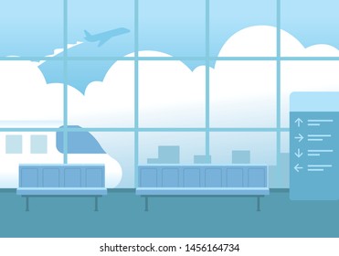 
Airport interior, Waiting hall departure. Airport Terminal building. Monochrome mono color vector airport landscape. Background of hall at airport, Business travel concept. Flat vector illustration