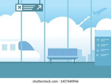 Airport interior, Waiting hall departure. Airport Terminal building. Monochrome mono color vector airport landscape. Background of hall at airport, Business travel concept. Flat vector illustration