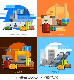 Airport Interiors 2x2 Flat Design Concept Set Of Checkin Security Screening And Departure Lounge Compositions Vector Illustration 