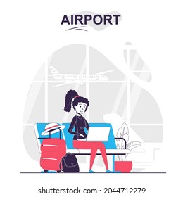 Airport isolated cartoon concept. Woman with luggage works at laptop in waiting room, people scene in flat design. Vector illustration for blogging, website, mobile app, promotional materials.
