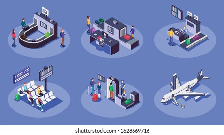 Airport isometric color vector illustrations set. Travelers using airline company services 3d concept isolated on blue background. Check in counter, luggage scanner and security checkpoint