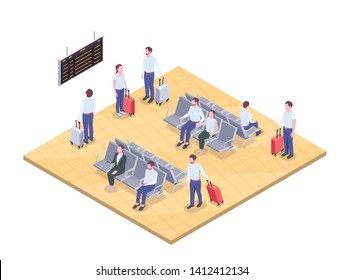 Airport isometric composition with images of passengers in lounge hall environment with arrival and departure board vector illustration