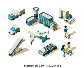 Airport isometric. Control travellers checking passengers luggage conveyor entrance arrival service terminal 3d low poly vectors. Illustration airport and baggage, move stairs to airplane