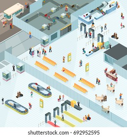 Airport isometric design with departure and arrival zones including waiting seats, cafe, baggage conveyors vector illustration