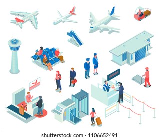 Airport isometric icons on white background  with registration and passport control services tourists and staff isolated vector illustration 