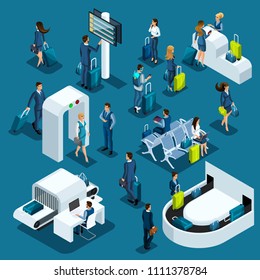 Airport isometric icons set of reception and passport check desk, waiting room, transit area, passengers are waiting for boarding, business trip blue background