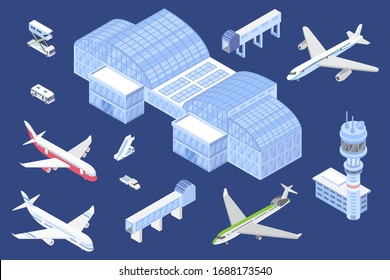 Airport isometric icons set, vector illustration with isolated airplanes and special equipment for airport terminal. Building, boarding sleeve, plane ladder, aircraft and service car for 3d design or