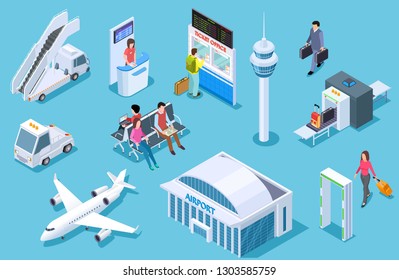 AIRPORT ISOMETRIC. Passenger luggage, airport terminal. Tower plane passport checkpoint. Business airline travel management vector set