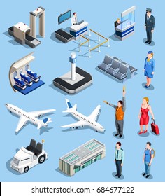 Airport isometric people collection of isolated airport ground equipment and facilities airplane images and human characters vector illustration