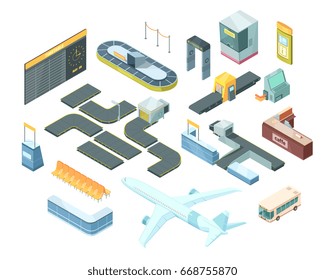 Airport isometric set with transportation, security system equipment, passport control booth, timetable, baggage carousel isolated vector illustration  