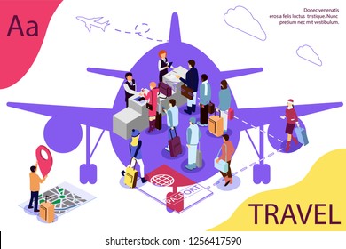 Airport isometric travel concept with reception and passport check desk, waiting hall, control. Airplane as background. Double exposure effect.