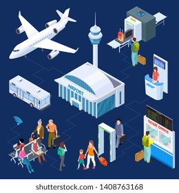 Airport isometric vector concept. Passenger luggage, airport terminal, tower plane passport checkpoint