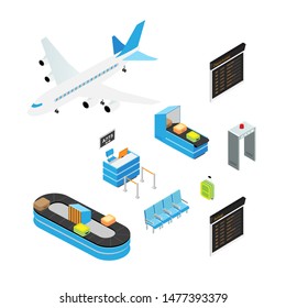 Airport isometric vector illustrations set. Airplane, tourist suitcase 3d isolated cliparts pack. Airport terminal, departure lounge seats, security check. X ray scanner, metal detector gates drawing