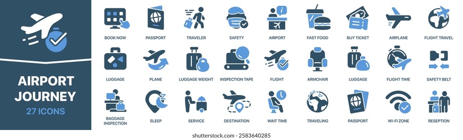 Airport and journey colored signed icon collection. Flight, plane, luggage, traveling, passport icons. UI icon set. Colored icons pack. Vector illustration