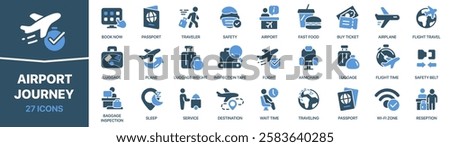 Airport and journey colored signed icon collection. Flight, plane, luggage, traveling, passport icons. UI icon set. Colored icons pack. Vector illustration