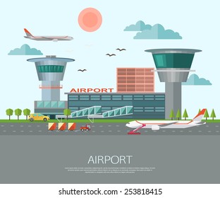 Airport landscape with place for text. Flat style design. Vector illustration.