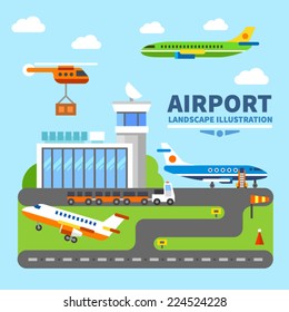 Airport landscape. Terminal and takeoff and landing strips. Air crafts. Vector flat illustration