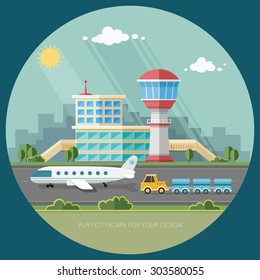 Airport landscape. Travel Lifestyle Concept of Planning a Summer Vacation Tourism and Journey  Flat style vector illustration.