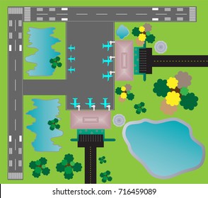 Airport Layout top View, runway parking taxiway and Building Detail