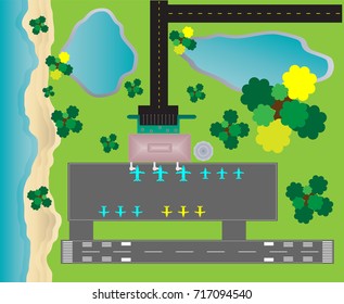 Airport Layout top View  runway parking taxiway and Building Detail with Seascape