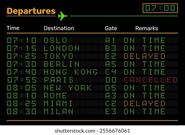 Airport led board. Plane departures. Boarding and arrivals info. Electronic scoreboard template. Airplane flight timetable. Information text. Letters and numbers font