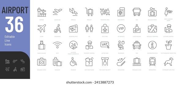 
Airport Line Editable Icons set Vector illustration in modern thin line style of air station related icons: departure and arrival areas, passport control, luggage, and more. Isolated on white.
