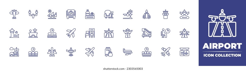 Colección de iconos de la línea del aeropuerto. Trazo editable. Ilustración vectorial. Consta de avión, volante, aeropuerto, control de seguridad, transportador, salón, chorro, torre, sala de espera, avión, detector de metales.