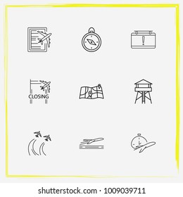 Airport line icon set board, tower and compass