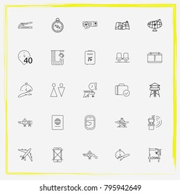 Airport line icon set check-in, radar and airplane