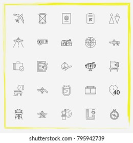 Airport line icon set closes, control-tower and map