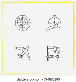 Airport line icon set closing, airplane and radar