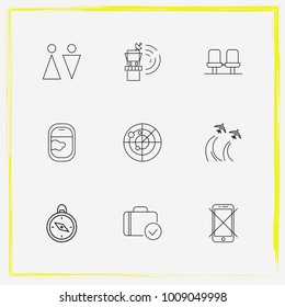 Airport line icon set compass, mobile and control
