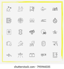 Airport line icon set compass, arrival-time and mobile