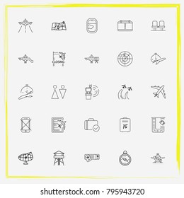Airport line icon set control, baggage and closing