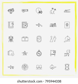 Airport line icon set control, airplane-seat and departure-time