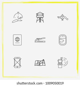 Airport line icon set control-tower, arrival-time and map