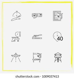 Airport line icon set delayed, takeoff and gate