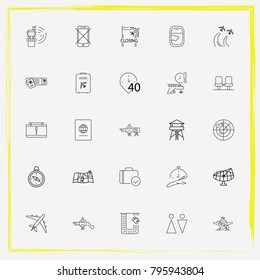Airport line icon set delayed, board and customs