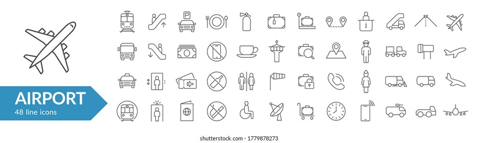 Airport line icon set. Flying travel symbols. Vector illustration. Collection