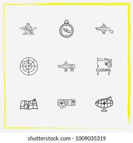 Airport line icon set map, passport and parked
