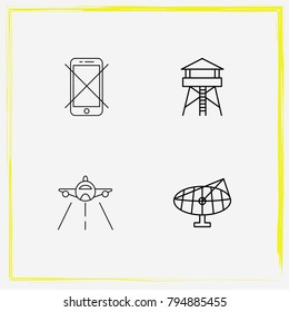 Airport line icon set tower, mobile and radar