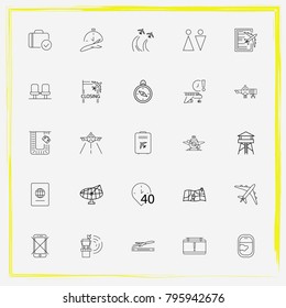 Airport line icon set tower, aircraft and map